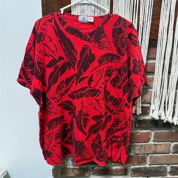 Vintage Tops - Vintage Red and Black Tropical Leaf Short Sleeve Tee